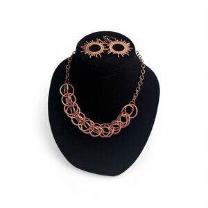 Copper-Tone Interlinked Rings Necklace and Sunburst Earrings Set